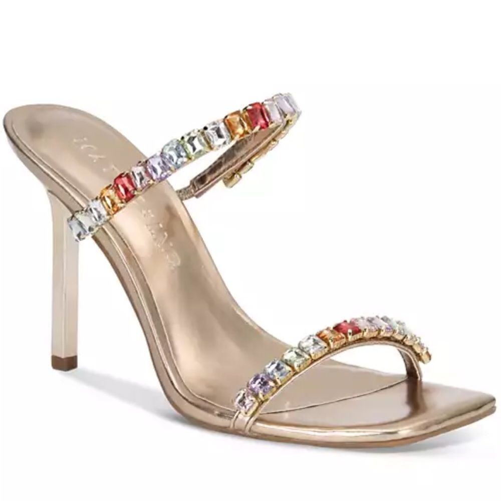 INC Diana Slip On Sandal Gold Multicolor Bling Stiletto Heels SZ 5 Square Toe